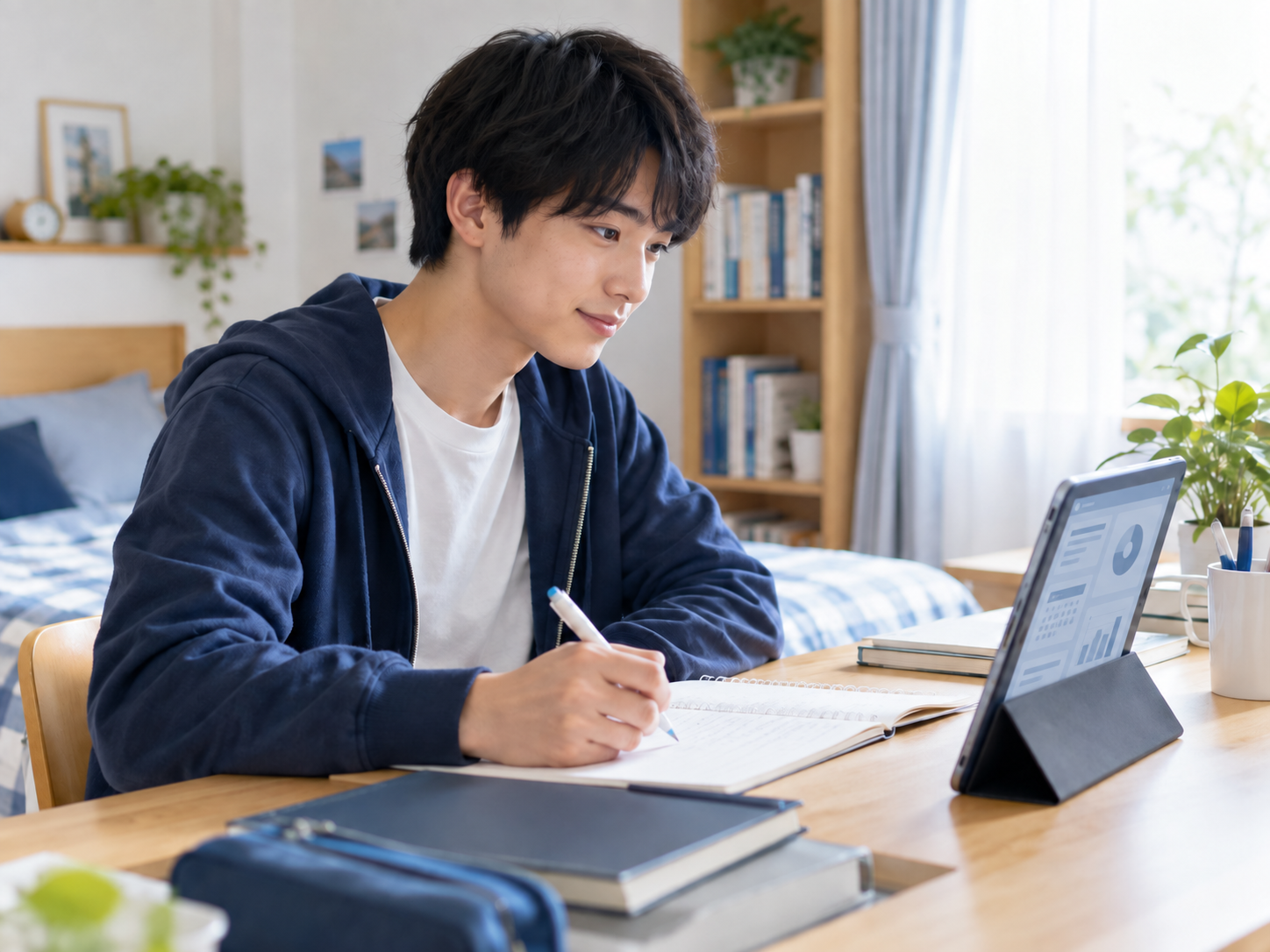 自宅でタブレットの学習画面を見ながら勉強する生徒のイメージ